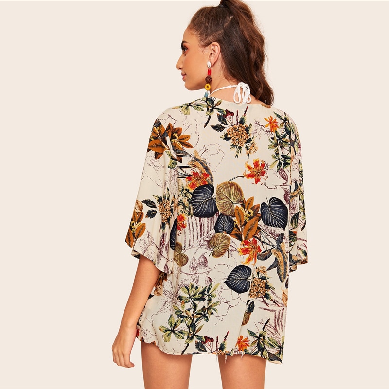 Boho Botanical Print Short Sleeve Kimono - Image 3