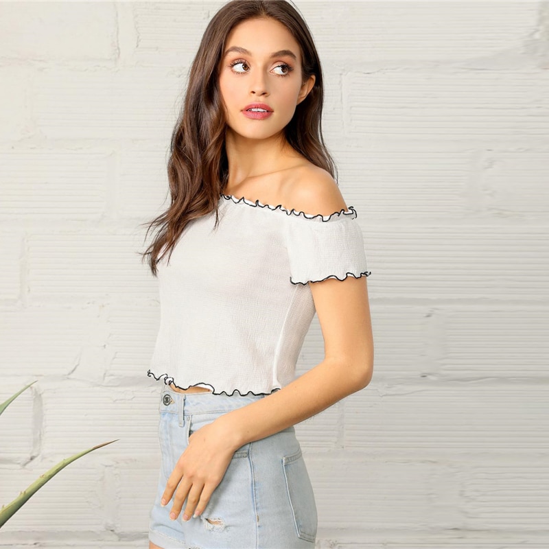 Boho Lettuce Trim Off Shoulder Crop Top Contrast Binding Strapless Tshirts - Image 3