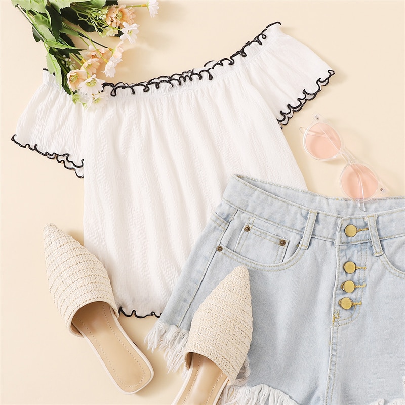 Boho Lettuce Trim Off Shoulder Crop Top Contrast Binding Strapless Tshirts - Image 6