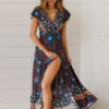 Boho Maxi Dress Short Sleeve V Neck Knotted Floral Dress