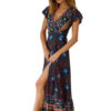Boho Maxi Dress Short Sleeve V Neck Knotted Floral Dress - Image 2