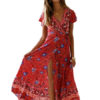 Boho Maxi Dress Short Sleeve V Neck Knotted Floral Dress - Image 6