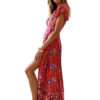 Boho Maxi Dress Short Sleeve V Neck Knotted Floral Dress - Image 7