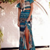 Boho Printed Set Off The Shoulder Ruffles Crop Top With Slit Pleated Long Mermaid Skirt