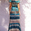 Boho Printed Set Off The Shoulder Ruffles Crop Top With Slit Pleated Long Mermaid Skirt - Image 2