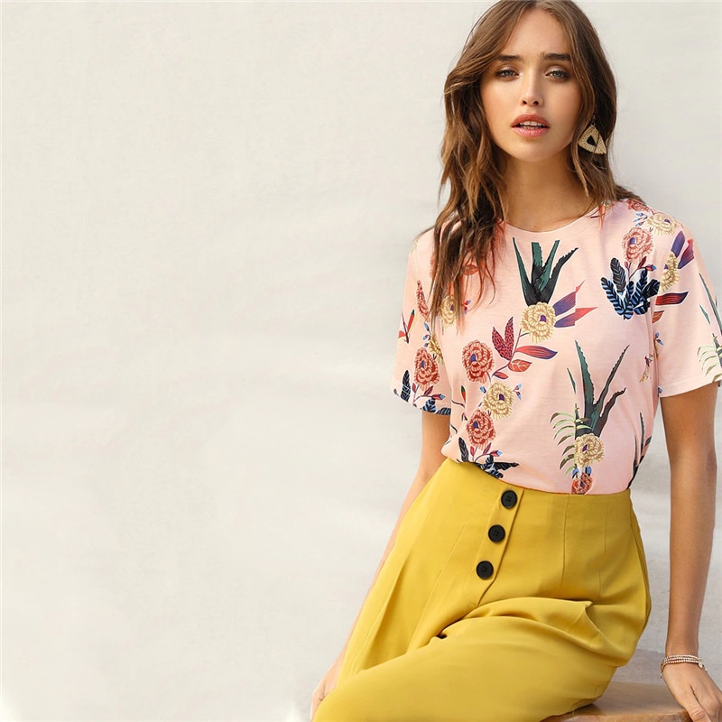 Botanical Print Casual Stylish Basic Top T Shirt - Image 6