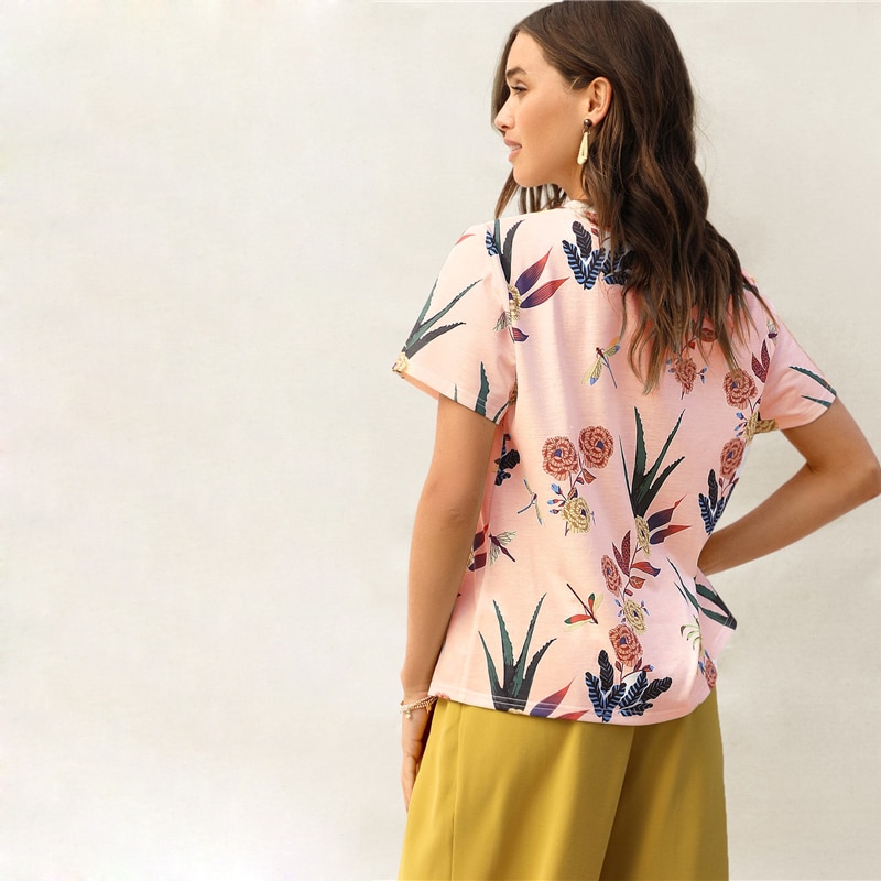 Botanical Print Casual Stylish Basic Top T Shirt - Image 7