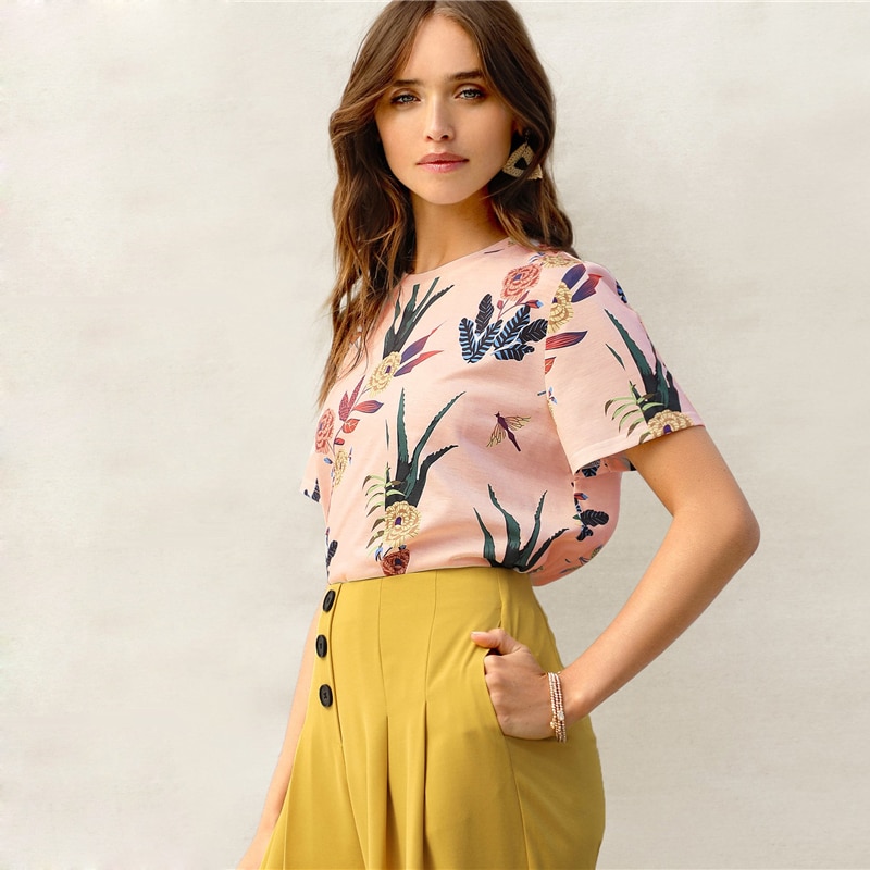 Botanical Print Casual Stylish Basic Top T Shirt - Image 8