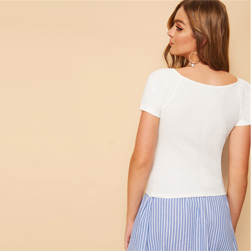 Casual Buttoned Front Rib-knit Crop Top Short Sleeve Solid Tshirt - Image 3