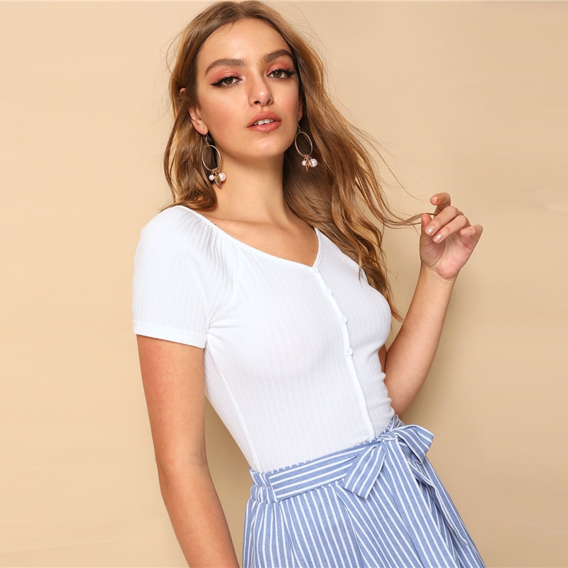 Casual Buttoned Front Rib-knit Crop Top Short Sleeve Solid Tshirt - Image 4