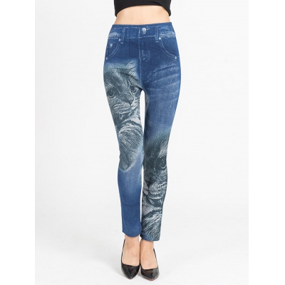 Cat Print Faux Denim Pants