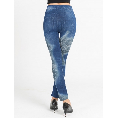 Cat Print Faux Denim Pants - Image 4