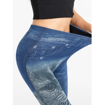 Cat Print Faux Denim Pants - Image 3