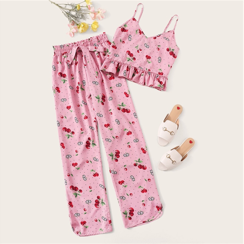 Women Cherry Print Crop Cami Top and Long Pants Sleeveless Sleepwear Pajama Sets