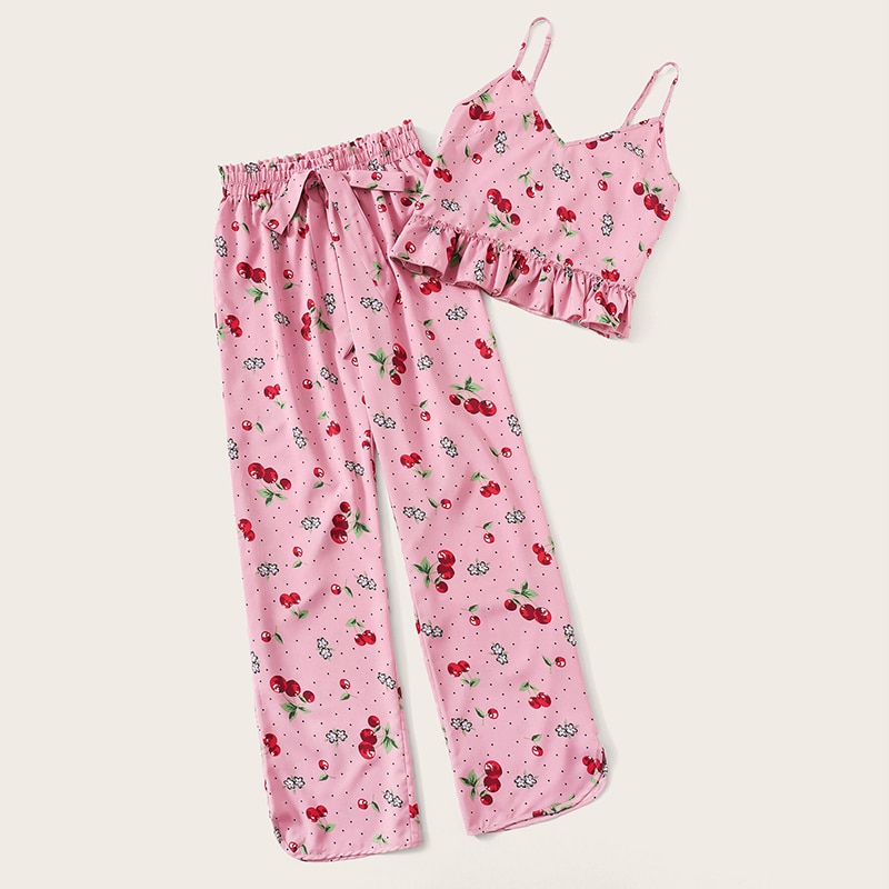 Women Cherry Print Crop Cami Top and Long Pants Sleeveless Sleepwear Pajama Sets - Image 2