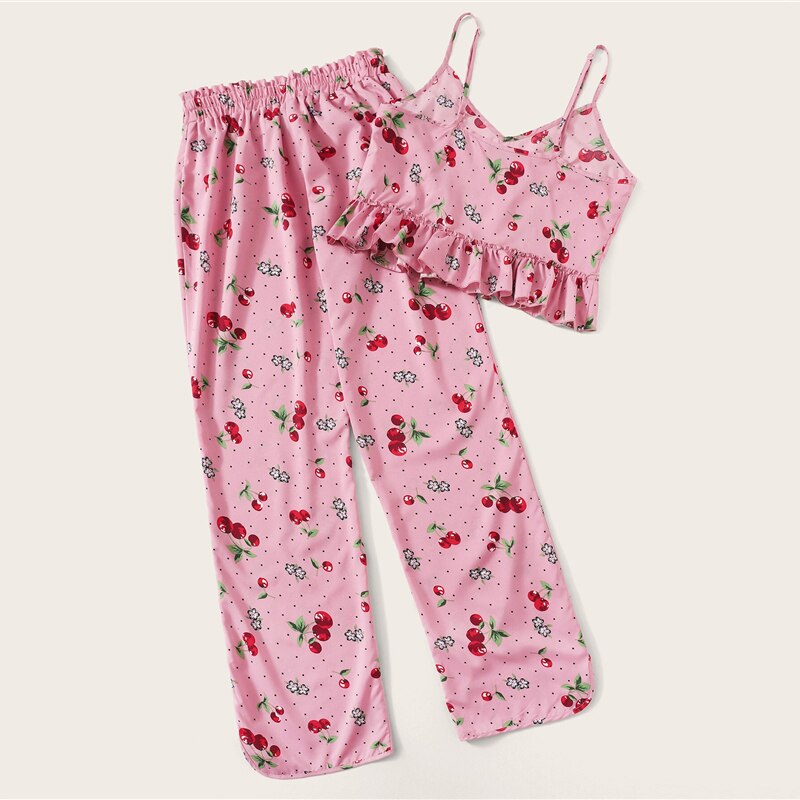 Women Cherry Print Crop Cami Top and Long Pants Sleeveless Sleepwear Pajama Sets - Image 3