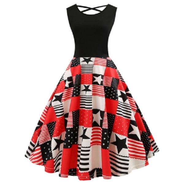 Criss Cross American Flag Print Flare Dress