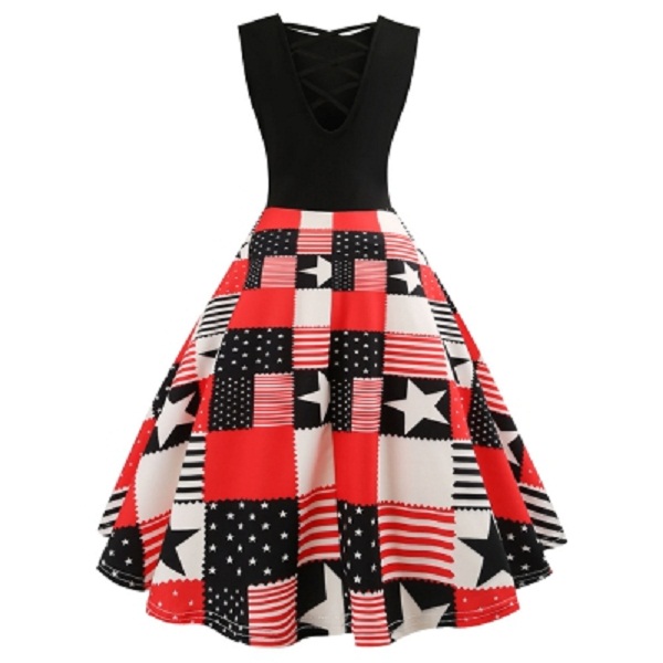 Criss Cross American Flag Print Flare Dress - Image 3