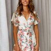 Floral Dress Short Sleeve V Neck Knotted Shaping Mini Dress