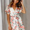 Floral Dress Short Sleeve V Neck Knotted Shaping Mini Dress - Image 2