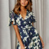 Floral Dress Short Sleeve V Neck Knotted Shaping Mini Dress - Image 6