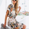 Floral Dress Short Sleeve V Neck Tie Waist Mini Dress