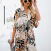 Floral Dress Short Sleeve V Neck Tie Waist Mini Dress - Image 2