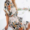 Floral Dress Short Sleeve V Neck Tie Waist Mini Dress - Image 3