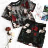 Floral Embroidered Mesh Blouse Pencil Skirt Set Sexy 2 Pieces