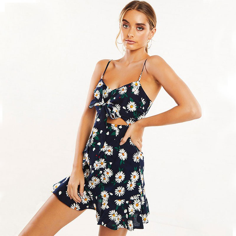 Knotted Design Sleeveless Floral Print Frilled Dress - Image 2