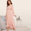 Lady Shirred Panel Lace Trim Bell Sleeve Nightgown