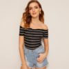 Off Shoulder Striped Fitted Crop Top Fabulous Style Slim Fit T Shirt - Image 10