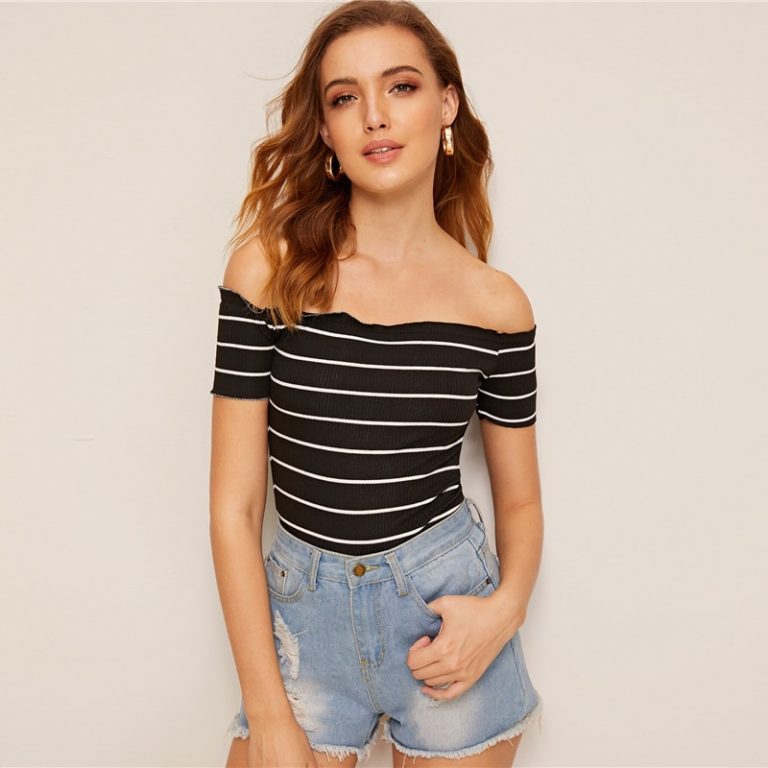 Off Shoulder Striped Fitted Crop Top Fabulous Style Slim Fit T Shirt - Image 10