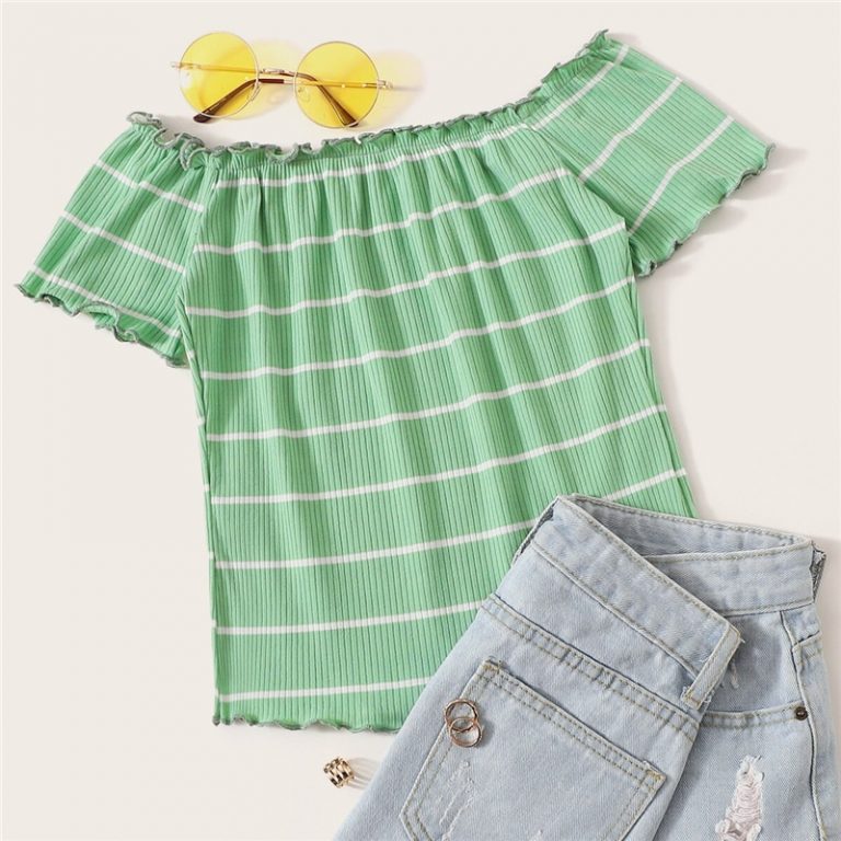 Off Shoulder Striped Fitted Crop Top Fabulous Style Slim Fit T Shirt - Image 11