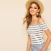 Off Shoulder Striped Fitted Crop Top Fabulous Style Slim Fit T Shirt - Image 4