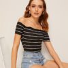 Off Shoulder Striped Fitted Crop Top Fabulous Style Slim Fit T Shirt - Image 6