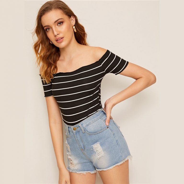 Off Shoulder Striped Fitted Crop Top Fabulous Style Slim Fit T Shirt - Image 9