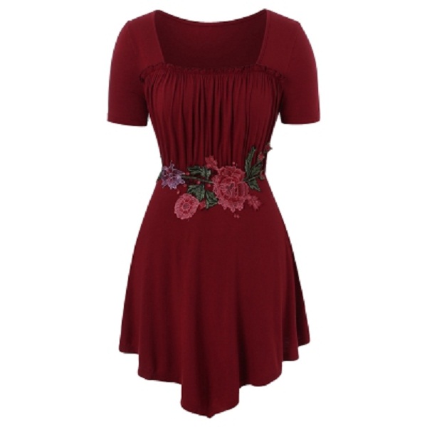 Plus Size Embroidery Square Neck T-shirt