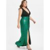 Plus Size Fish Scale Asymmetric Slit Surplice Dress - Image 3