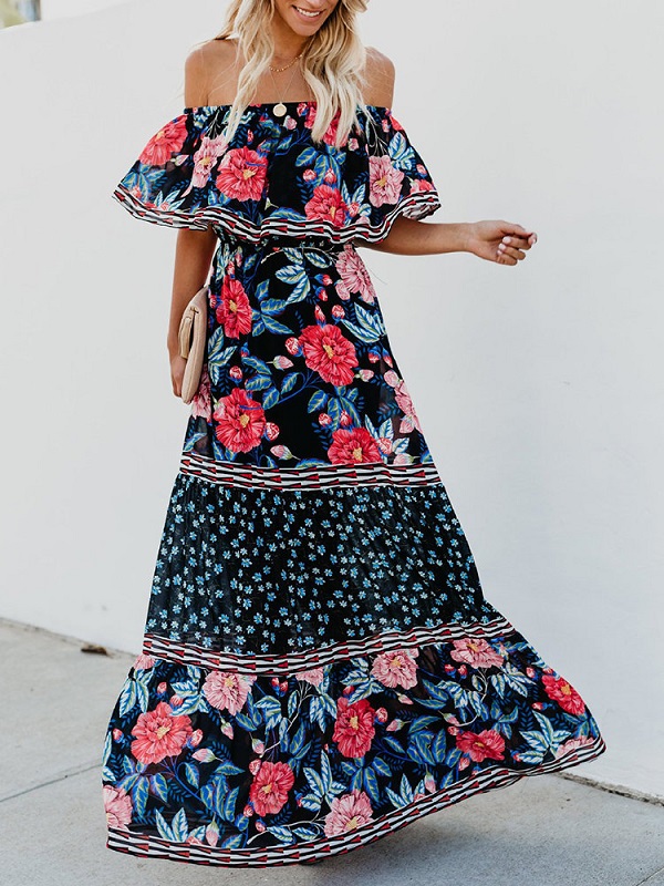 Print Floral Off Shoulder Two Layers Maxi Dress