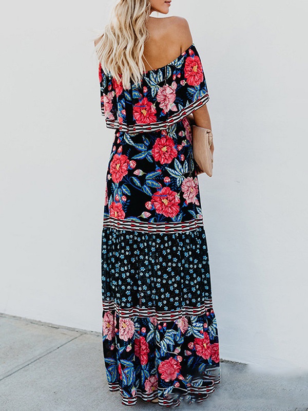 Print Floral Off Shoulder Two Layers Maxi Dress - Image 2