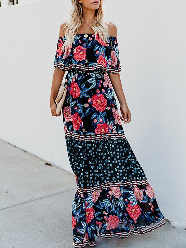Print Floral Off Shoulder Two Layers Maxi Dress - Image 6
