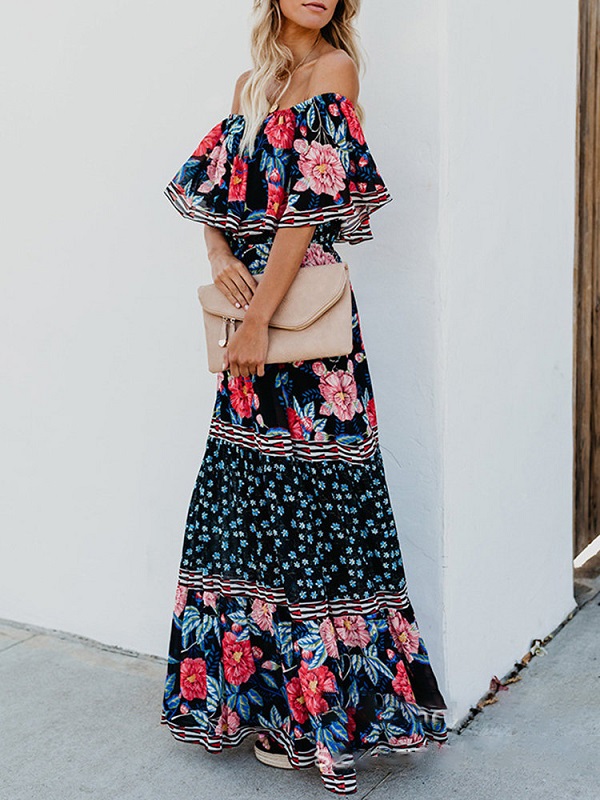 Print Floral Off Shoulder Two Layers Maxi Dress - Image 5