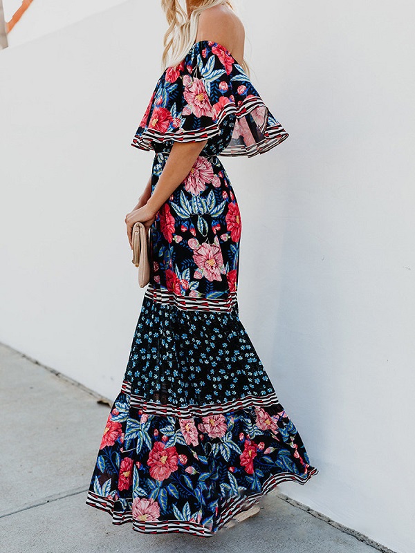 Print Floral Off Shoulder Two Layers Maxi Dress - Image 4