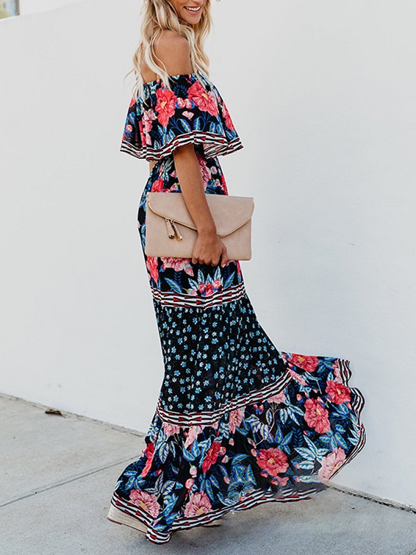 Print Floral Off Shoulder Two Layers Maxi Dress - Image 3