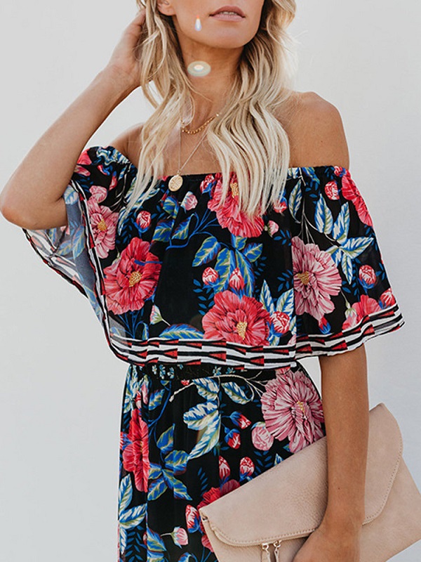 Print Floral Off Shoulder Two Layers Maxi Dress - Image 7