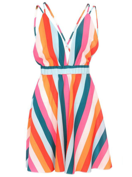 Rainbow Stripe Dress Sleeveless Plunging Backless Chiffon Dress - Image 3