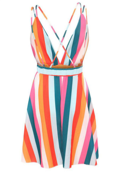 Rainbow Stripe Dress Sleeveless Plunging Backless Chiffon Dress - Image 5