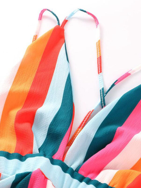 Rainbow Stripe Dress Sleeveless Plunging Backless Chiffon Dress - Image 6