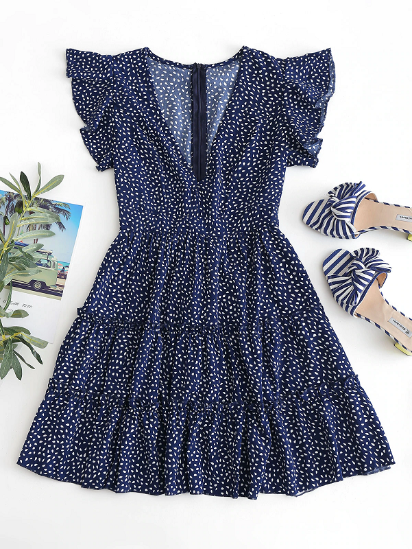 Raindrop Print Flounces A Line Dress Short Sleeves Ruffles High Waist Sexy Mini Dress